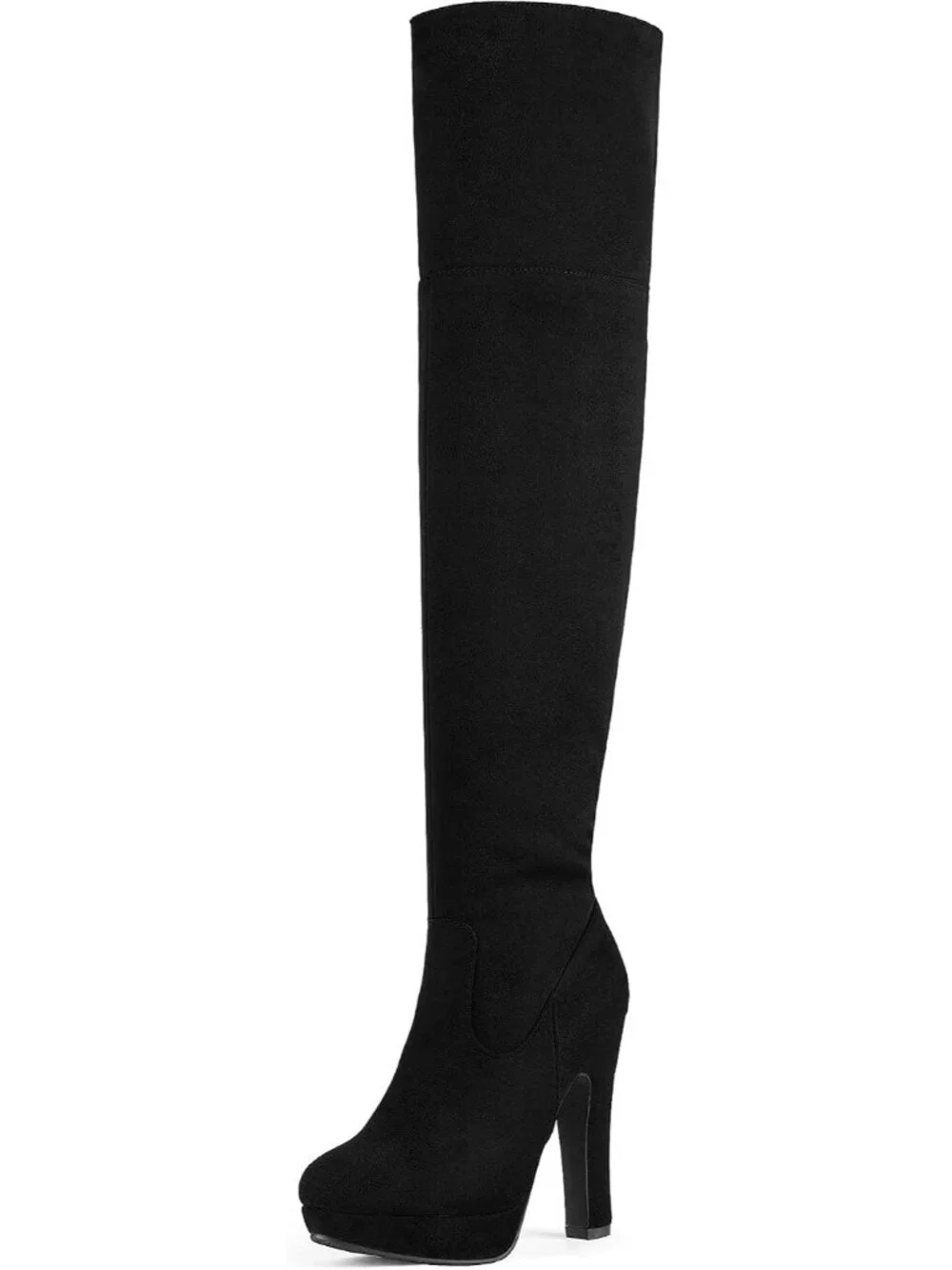 Women's Black High Heel Round Toe Faux Suede Over The Knee Thigh High Boots